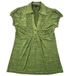 HeartSoul Y2K Green Collared Top Stretch Knit Cap Sleeve V Neck - S